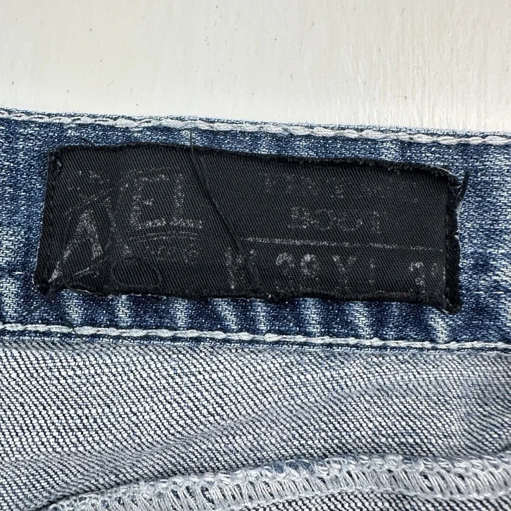 TK Axel Vintage Boot Cut Flap Pockets Jeans Men Fits 38x31 Denim Blue Distressed